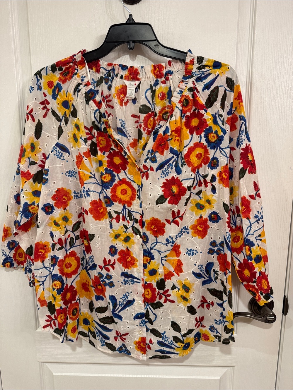 intro. White Eyelet Peasant Blouse with Red, Yellow & Blue Floral Print